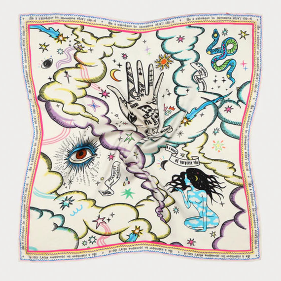 Colorful scarf with intricate designs on a white background