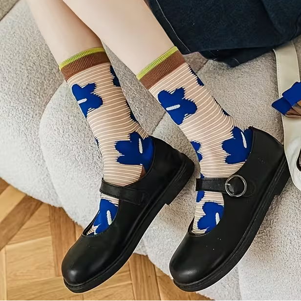 Sheer Mesh Blue and Navy Flower Stripe