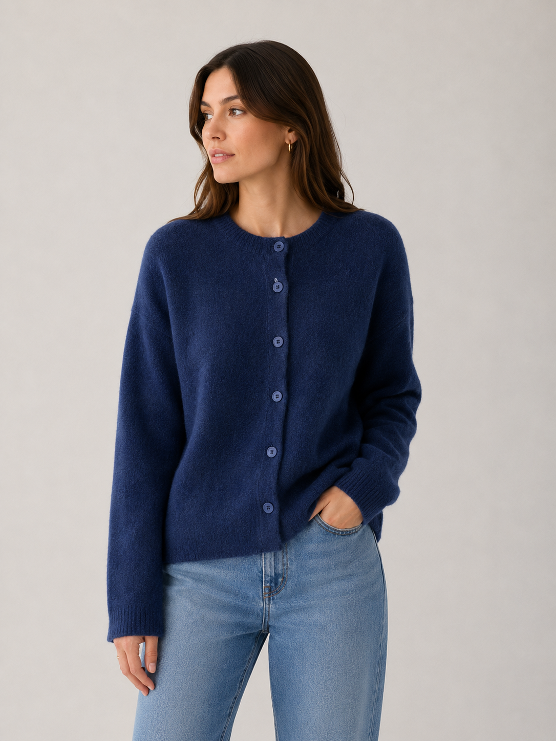 LADIES PLAIN BUTTON CARDI BLUE