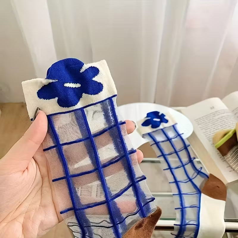 Sheer Mesh Blue and Navy Flower Check