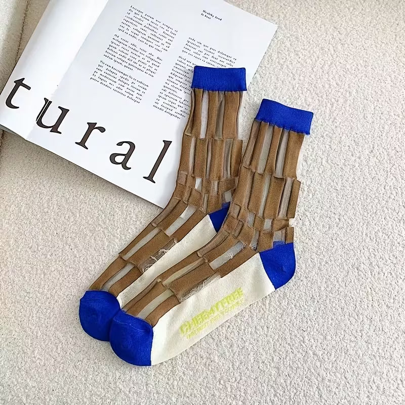 Sheer Mesh Blue and Navy Brown Check