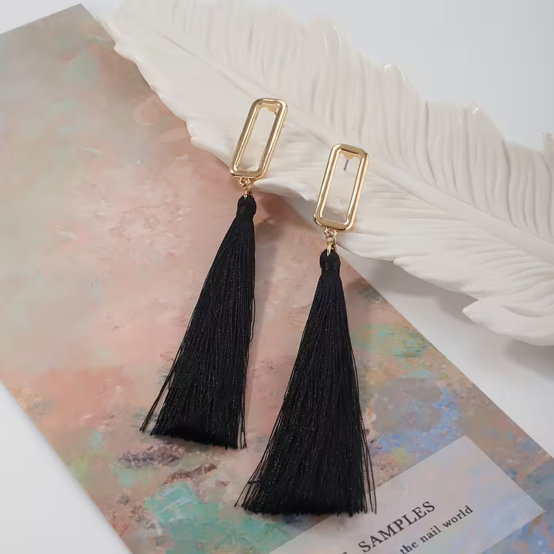 Black Thread Tassle With Gold Drop Earring