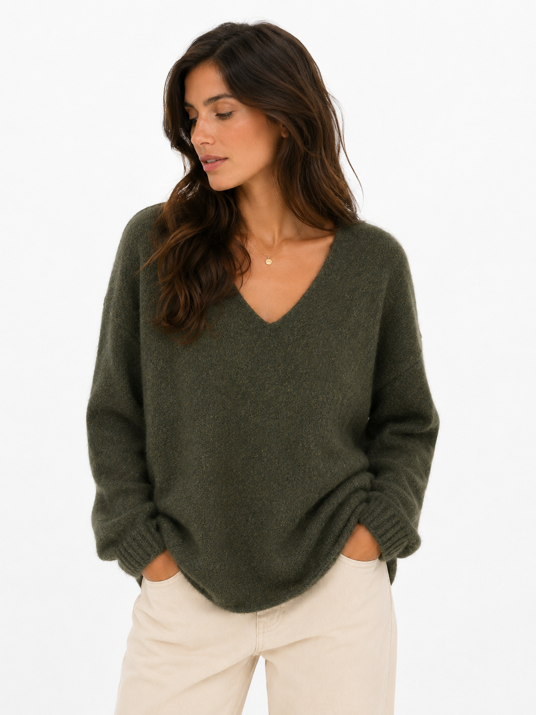 CAVERN V NECK JUMPER MOSS