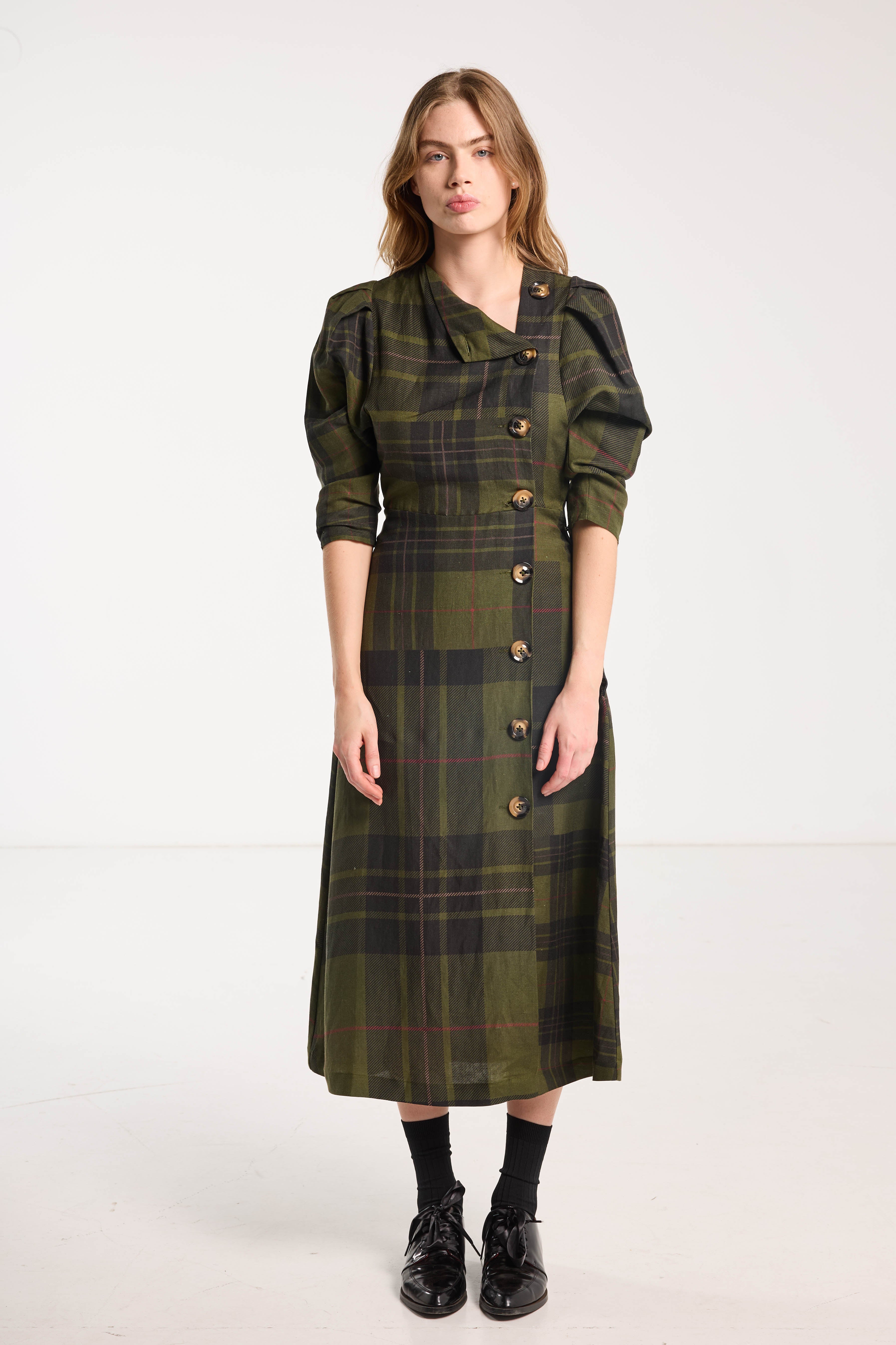 Beloved Button Dress Forest Green Check