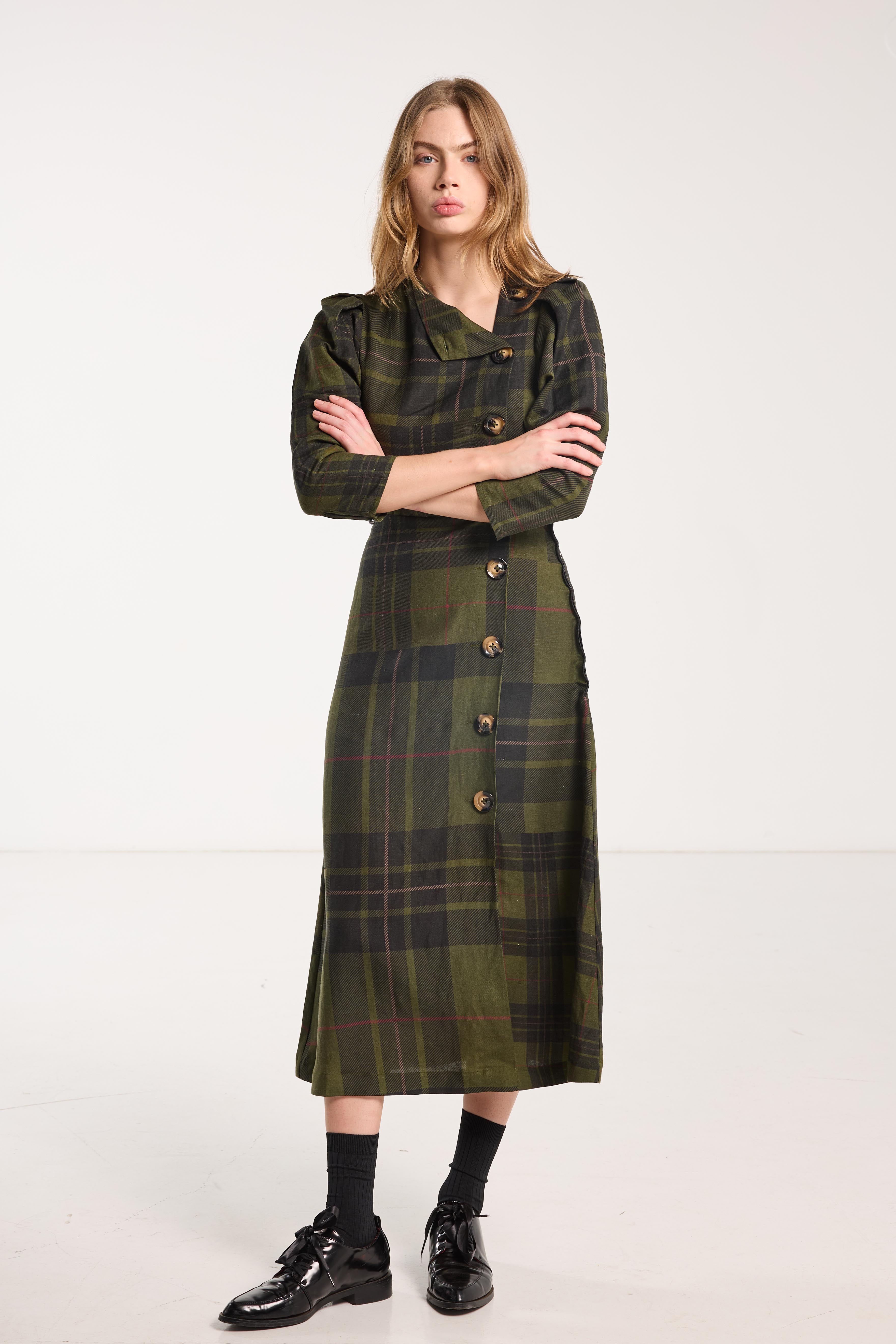 Beloved Button Dress Forest Green Check