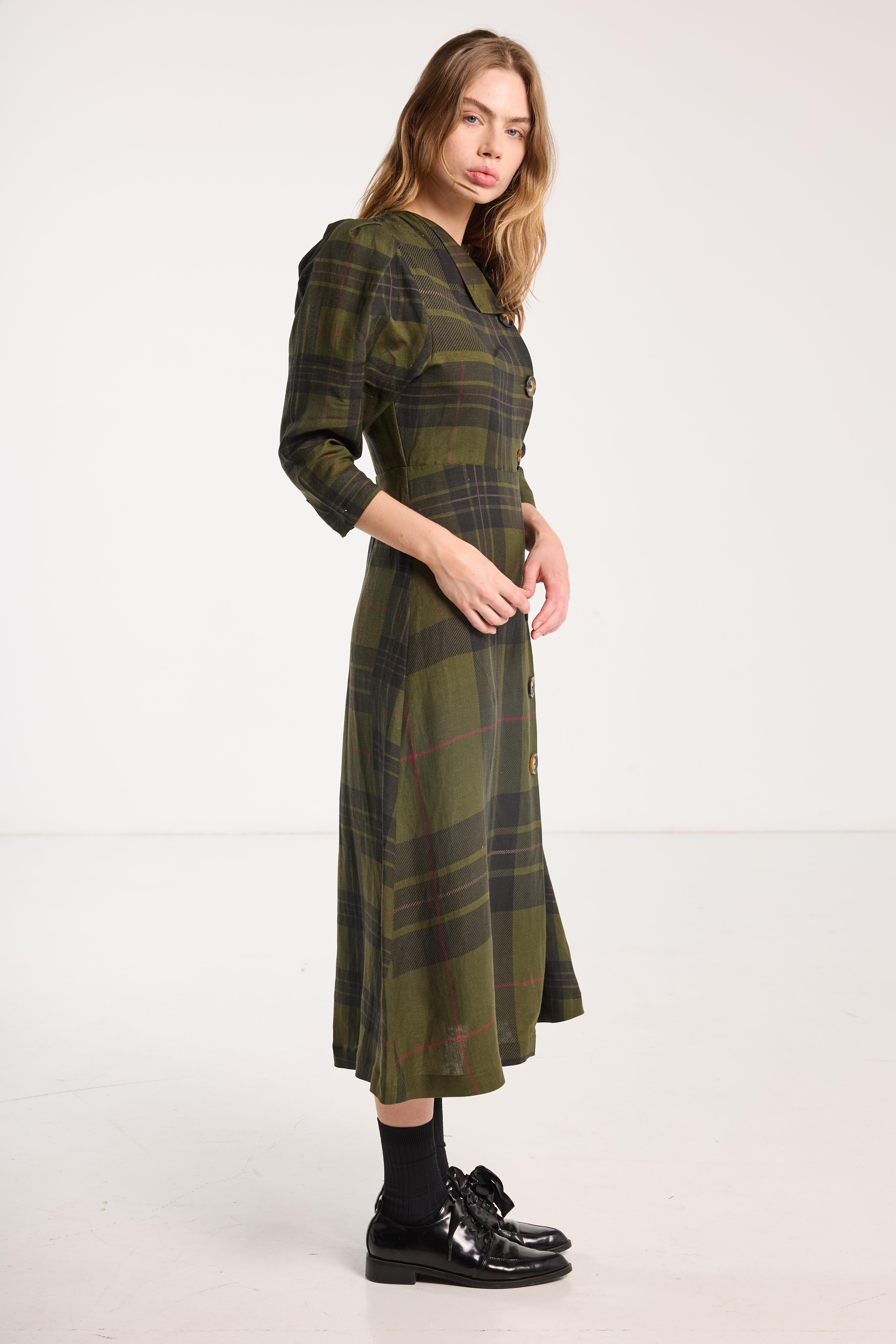Beloved Button Dress Forest Green Check