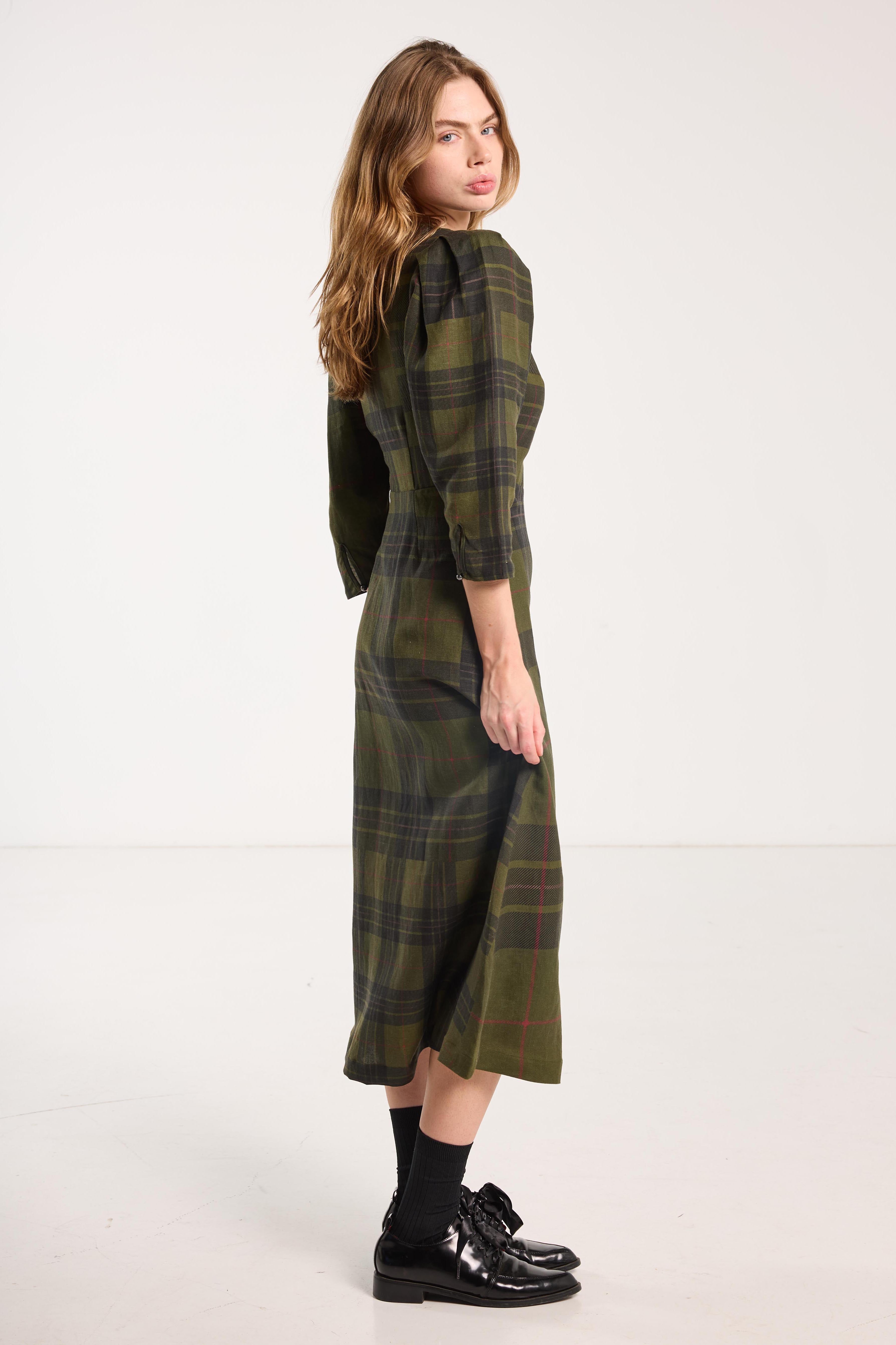 Beloved Button Dress Forest Green Check