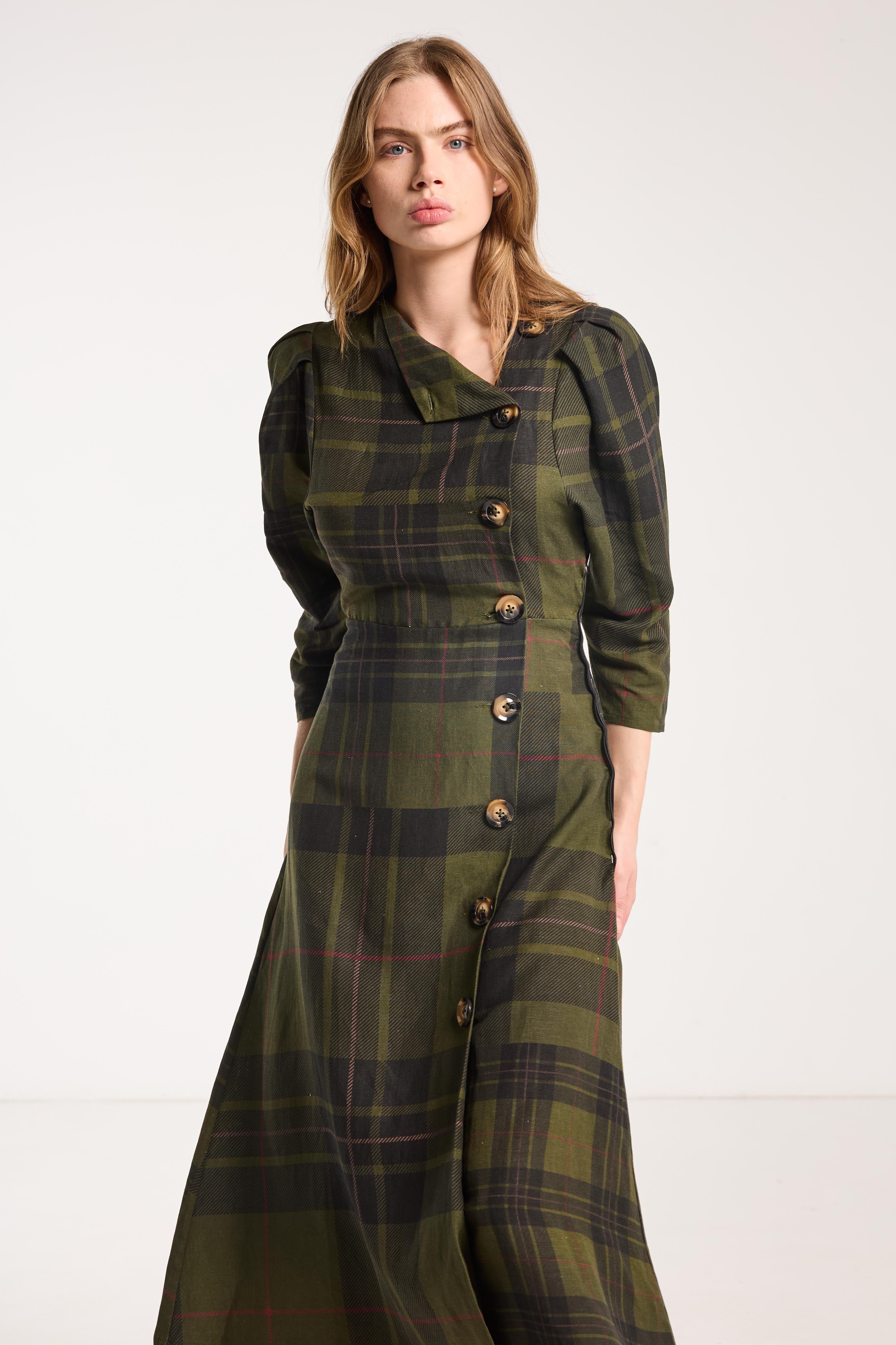 Beloved Button Dress Forest Green Check