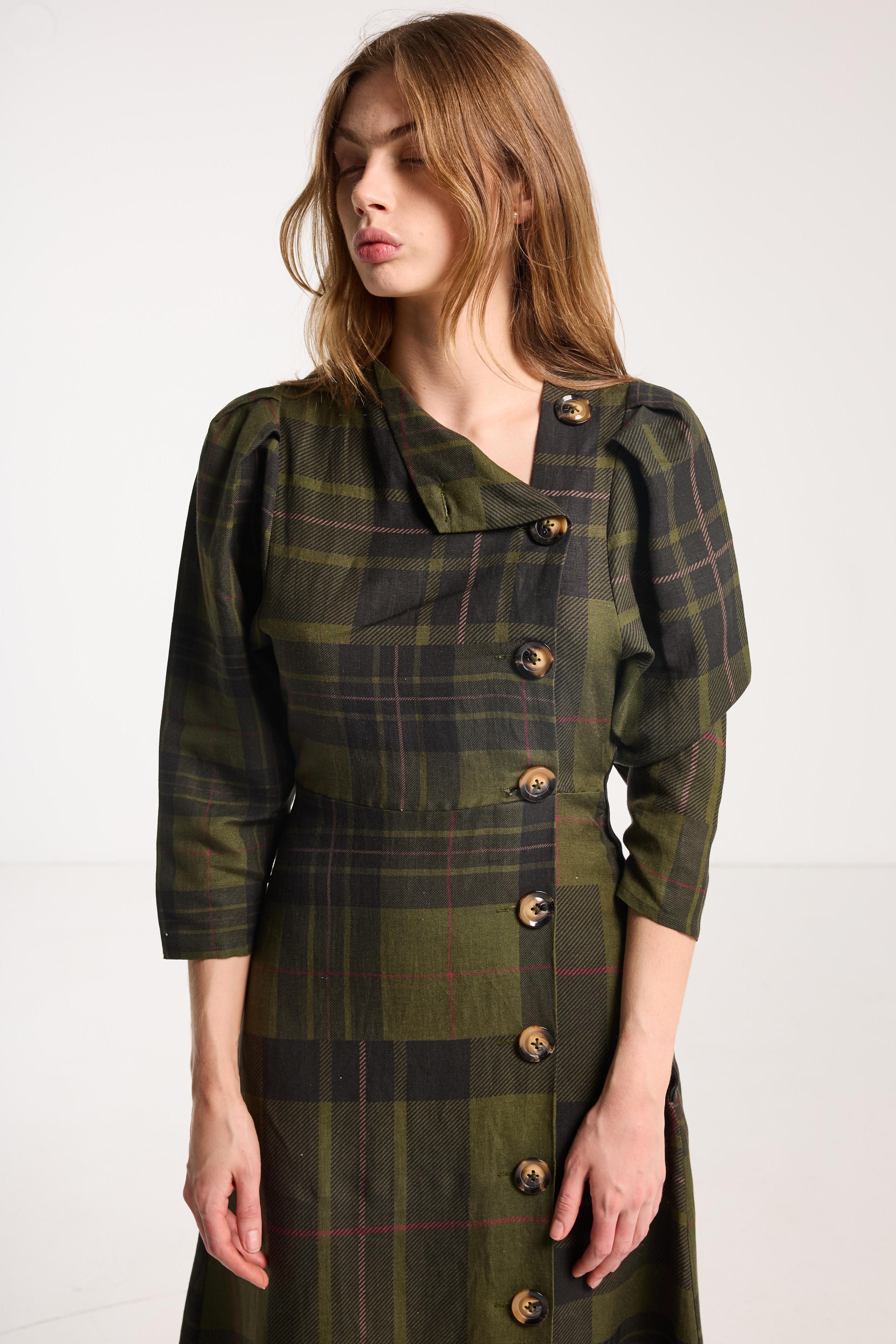 Beloved Button Dress Forest Green Check