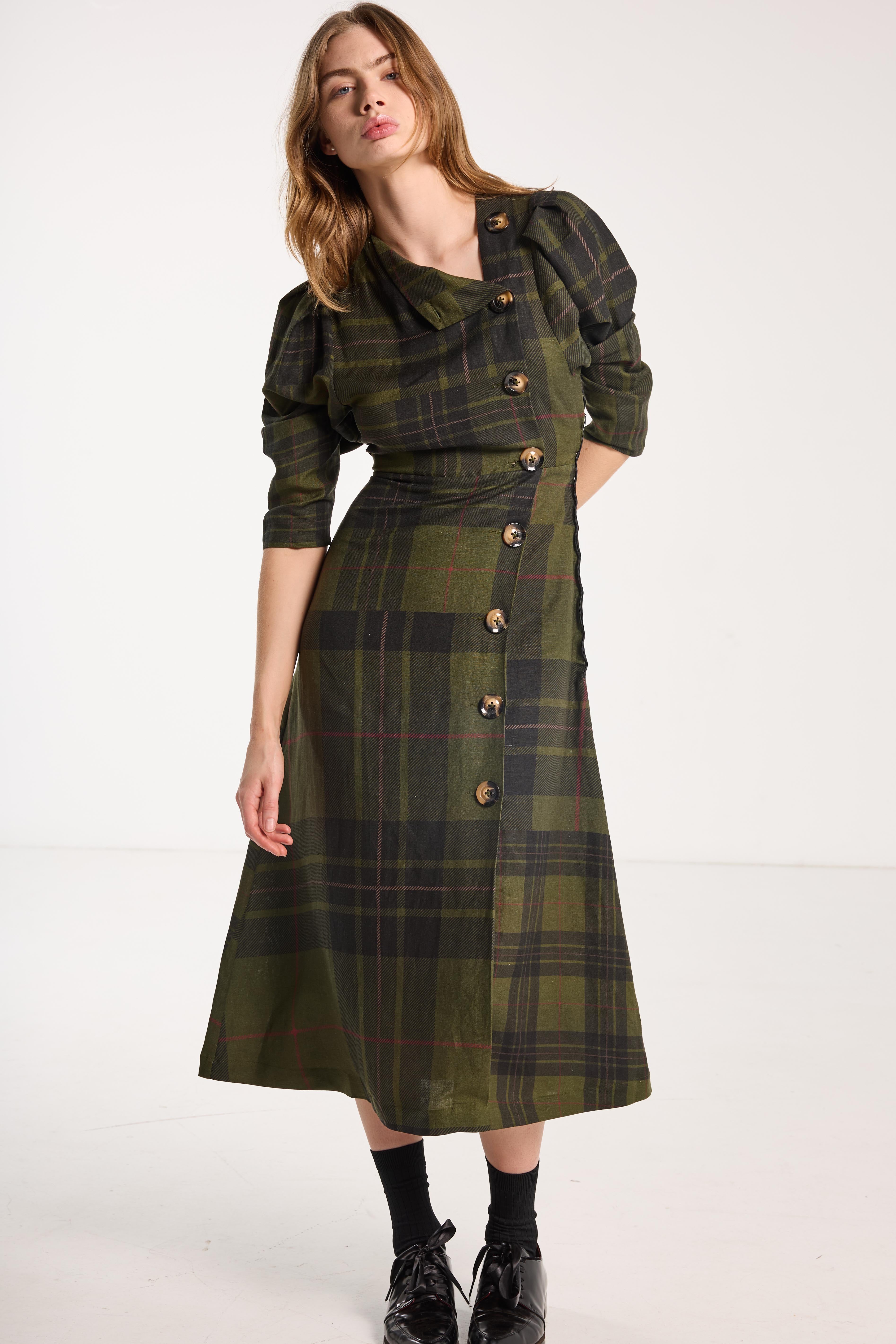 Beloved Button Dress Forest Green Check