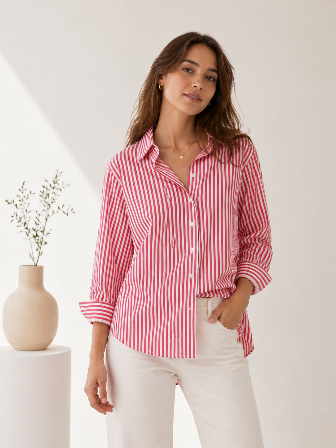 WOMAN PINK STRIPED SHIRT / DESIGNER CLOTHING GALLERY NZ 